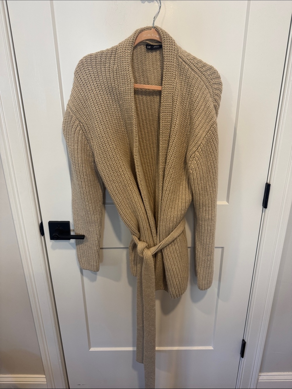 GAP Ribbed Shawl-Collar Belted Cardigan - Beige
